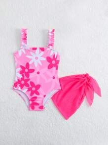SHEIN Baby Girl Floral Print One-Piece Swimsuit & Coverup Skirt Set,Tropical Holiday Beach Bathing Suits For Baby Girl Summer Swim Suits - Multicolor - View 3