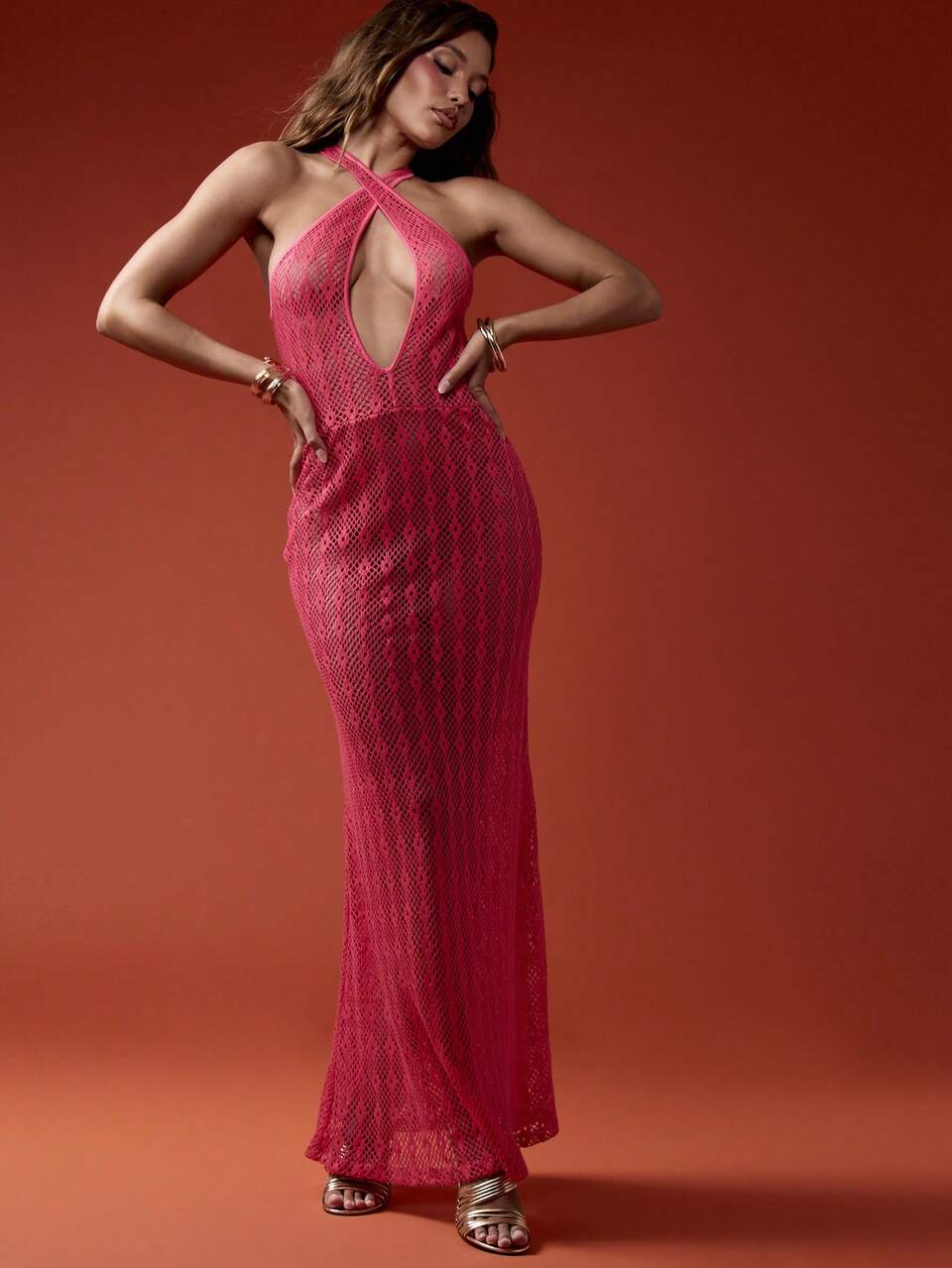 MISSGUIDED Crochet Knit Halter Neck Maxi Dress Empire Waist Floor Length Evening Gown Summer Wedding Guest Party Formal Dress