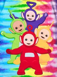 Teletubbies X SHEIN Set estivo di maglietta e pantaloncini da donna, tie-dye colorato, motivo a cartone animato, multicolore, collezione Pride Month, set ampio, casual e fresco, TINKY WINKY, DIPSY, LAA-LAA, Po, adatto a tutto, per uso quotidiano, stile Y2K