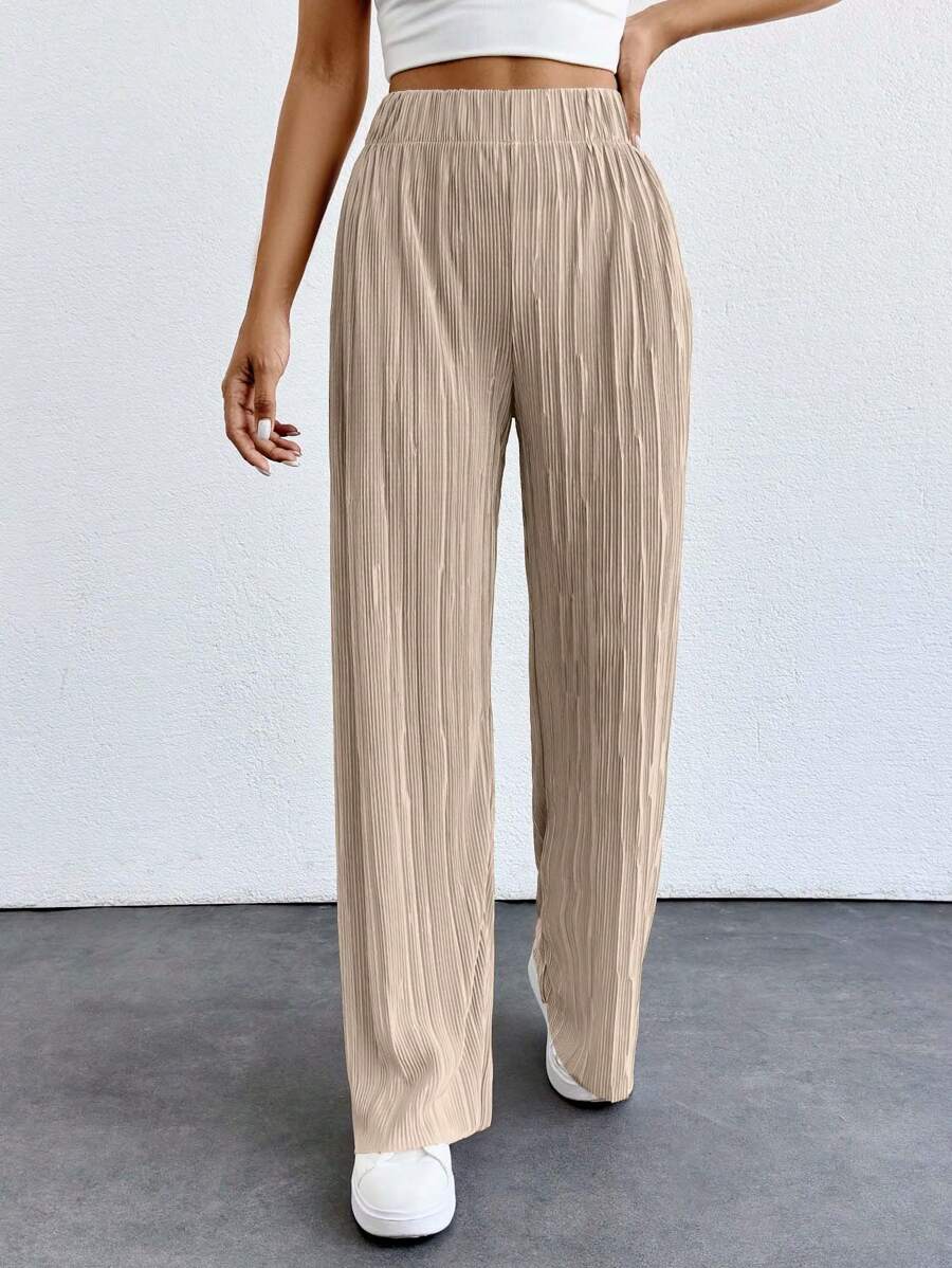 EURMUSE Ladies Petite Woven Wide Leg Pants - Apricot - View 1
