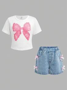 SHEIN Conjunto de 2 piezas para niñas preadolescentes, camiseta de manga corta blanca con decoración de lazo y pantalones cortos de mezclilla lavada, para uso casual y de viaje - Multicolor - Ver 10