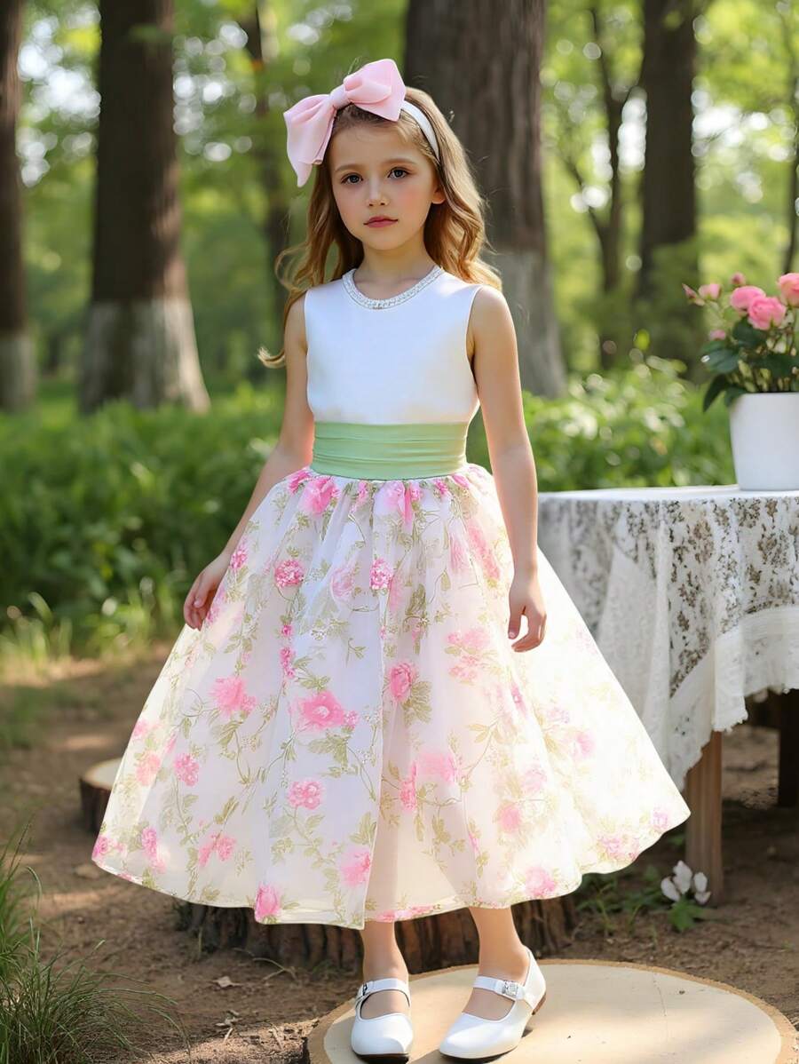 SHEIN Glamorique Kids Robe de soirée élégante à imprimé floral avec panneau de maille pour jeunes filles - Blanc - Voir 1