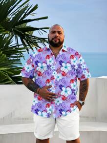 Manfinity RSRT Fashionable Casual Resort Style Full-Floral Print Men's Plus Size Slim Fit Point Collar Short Sleeve Button-Down Shirt, Suitable For Outdoor, Vacation, Date, Party, Makes A Great Gift For Boyfriend - Multicolor - View 6