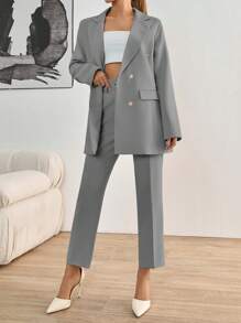 EURMUSE Women's Double Breasted Lapel Neck Blazer & Belted Pants Suit Set - Grey - View 6