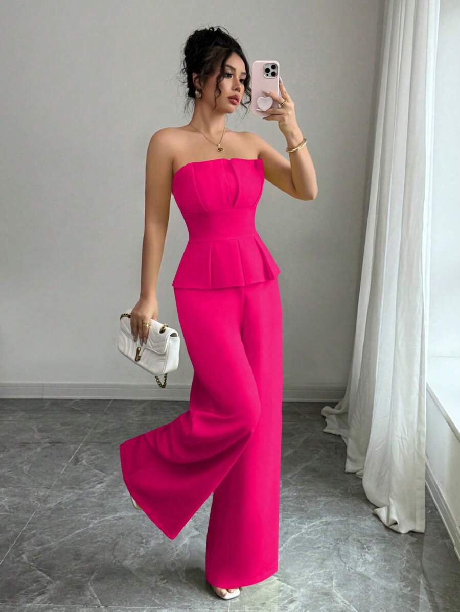 Elenzga Quần ống rộng ống đứng cạp chun màu trơn cho nữ, bộ đồ liền thân thanh lịch cho công sở & thường ngày không tay - Màu Hồng Tươi - Xem 1