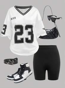 Girlism 2 Stücke Set für Teenager-Mädchen: Weißes T-Shirt Top aus Basketballtrikot mit College-Nummern und Buchstaben Muster + schwarze, enge Workout-Leggings mit hoher Taille, lässiges Streetwear-Outfit - Schwarz und Weiss - Übersicht 1