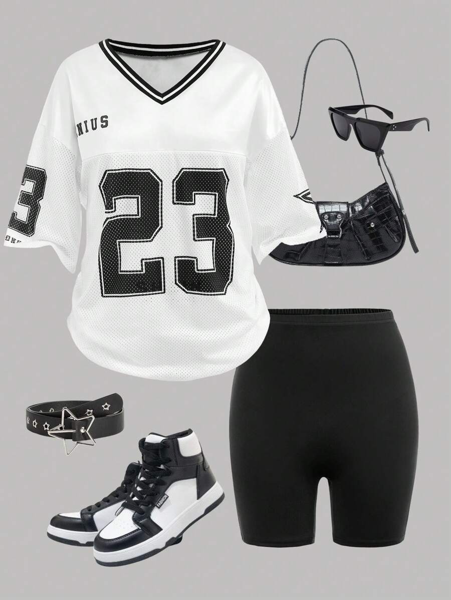 Girlism 2 Stücke Set für Teenager-Mädchen: Weißes T-Shirt Top aus Basketballtrikot mit College-Nummern und Buchstaben Muster + schwarze, enge Workout-Leggings mit hoher Taille, lässiges Streetwear-Outfit - Schwarz und Weiss - Übersicht 1