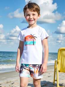 2pcs Little Boys' Summer Swimwear Set, Positioning Printed Swim Trunks Boys Beach Wear Boys Tropical Swimsuits Boys Swim Trunks Boys Tropical Clothes Boys Beach Clothes - Multicolor - View 3