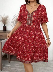 SHEIN LUNE Váy mùa hè tay ngắn cổ buộc in họa tiết cỡ lớn - Đỏ - Xem 3