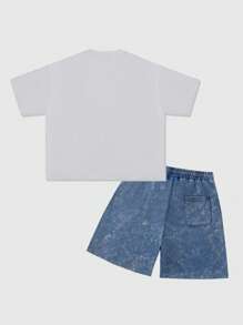 ROMWE MEN Street Life Conjunto de camiseta y pantalones cortos para hombre con estampado de retrato de dibujos animados - Azul y blanco - Ver 8