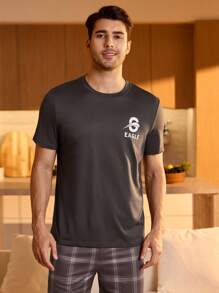 Men's Round Neck Short Sleeve Letter Print Home Shirt  Pajamas Set