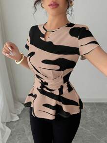 Elenzga Lightweight Summer Abstract Print Twist Front Shirt - Multicolor - View 3