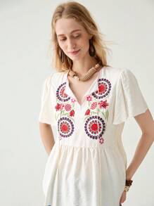 Florisole Women's Casual Loose V-Neck Retro Embroidered Ruffle Flare Sleeve Fringe Tie-Up Blouse, Spring/Summer Top - Apricot - View 6