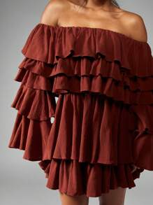 MISSGUIDED Vestido de patinadora mini con mangas largas de hombros descubiertos y volantes en capas para invitada de boda, ocasiones especiales, otoño, invierno, declaración, fiesta, vacaciones - Marrón - Ver 7