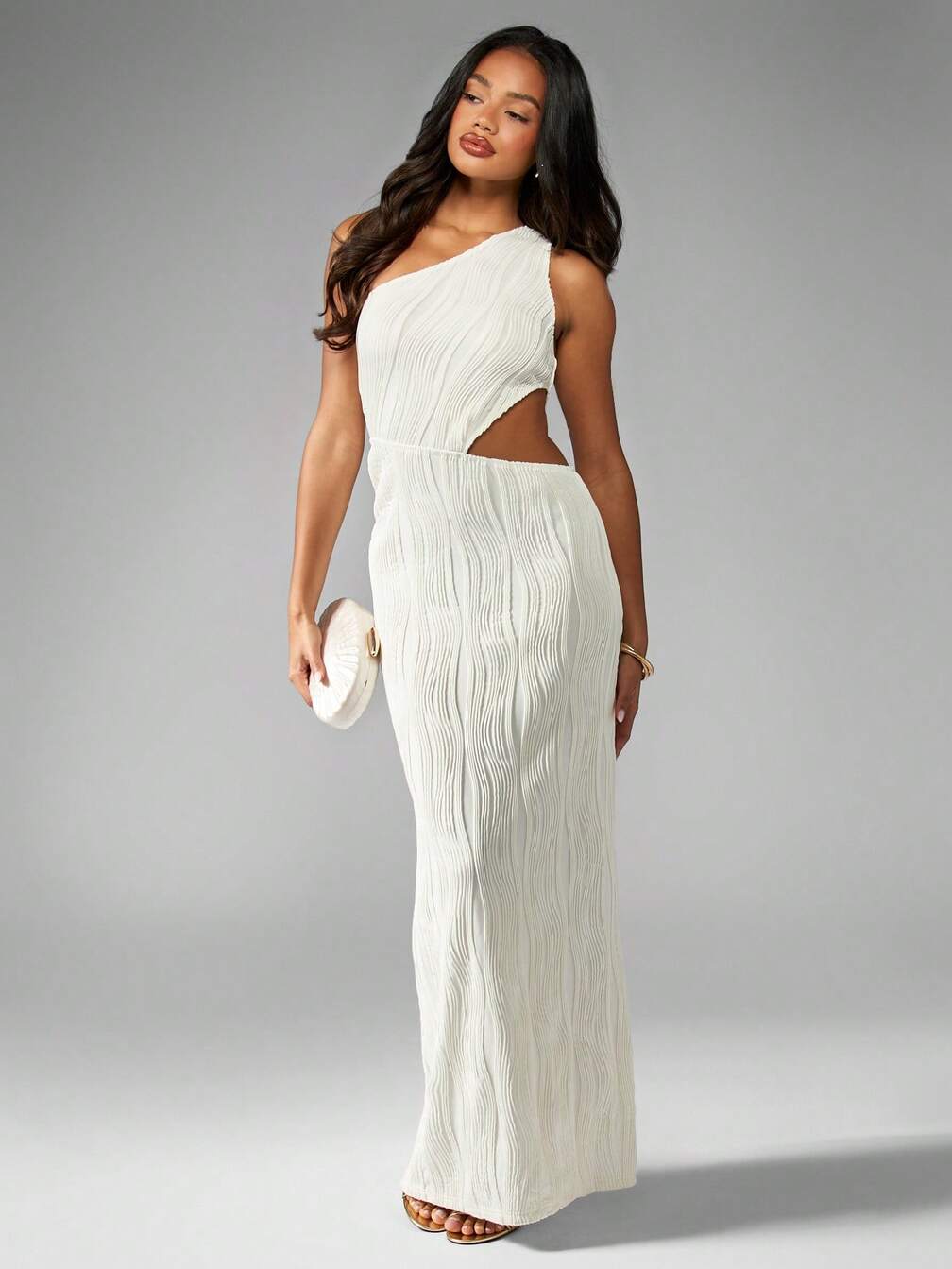 missguided pleated maxi dress MISSGUIDED Textured Jersey One Shoulder Cutout Pleated Maxi Dress｜MISSGUIDED
