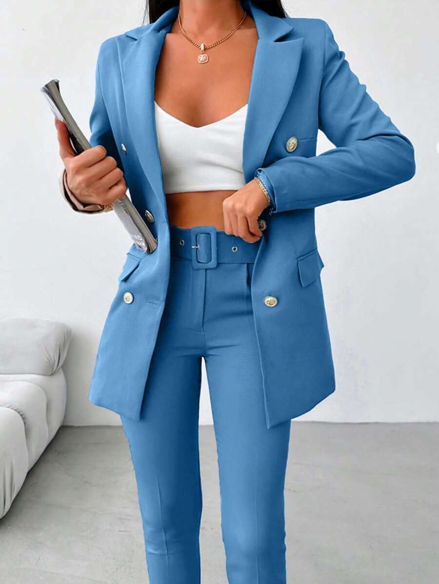 SHEIN Traje De Pantalón Y Abrigo Con Solapa De Color Liso Para Mujer
