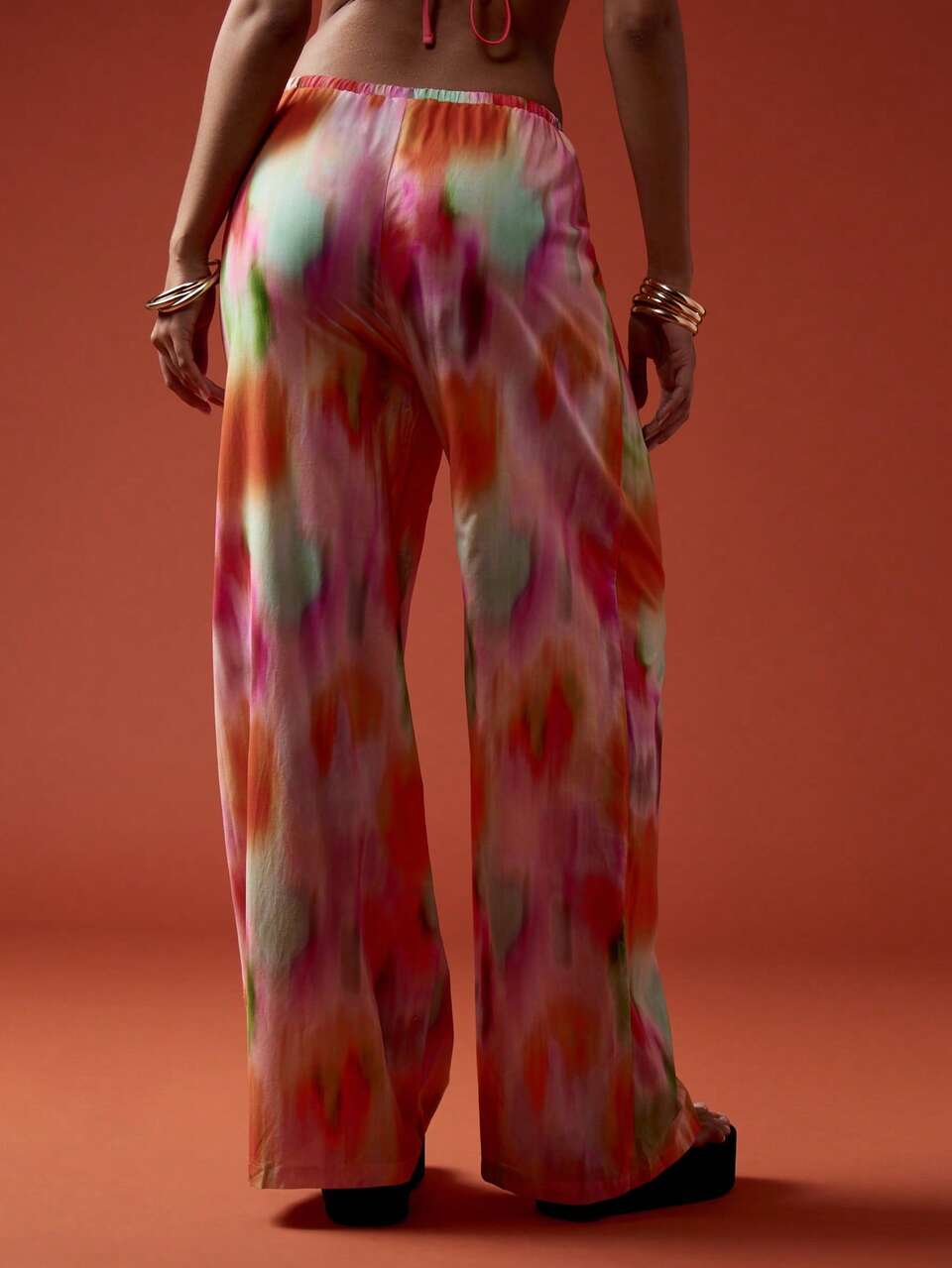 MISSGUIDED Watercolor Print Wide Leg Palazzo Summer Beach Pants Resort Wear Flowy High Rise Loungewear Beach Party Drawstring
