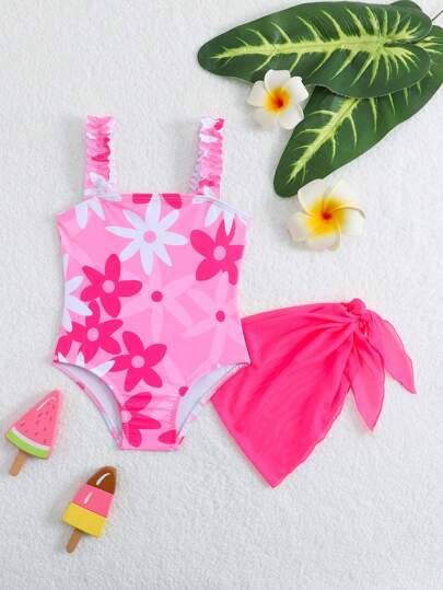 SHEIN Conjunto de traje de baño de una pieza con estampado floral y falda de cobertura para bebé niña, conjunto de traje de baño de vacaciones de verano para bebé niña, ropa tropical para bebé niña, trajes de baño para bebé niña, trajes de baño para bebé niña