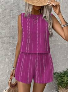 SHEIN LUNE 2pcs/Set Women All-Over Print Round Neck Sleeveless Top & Shorts - Red Violet - View 5