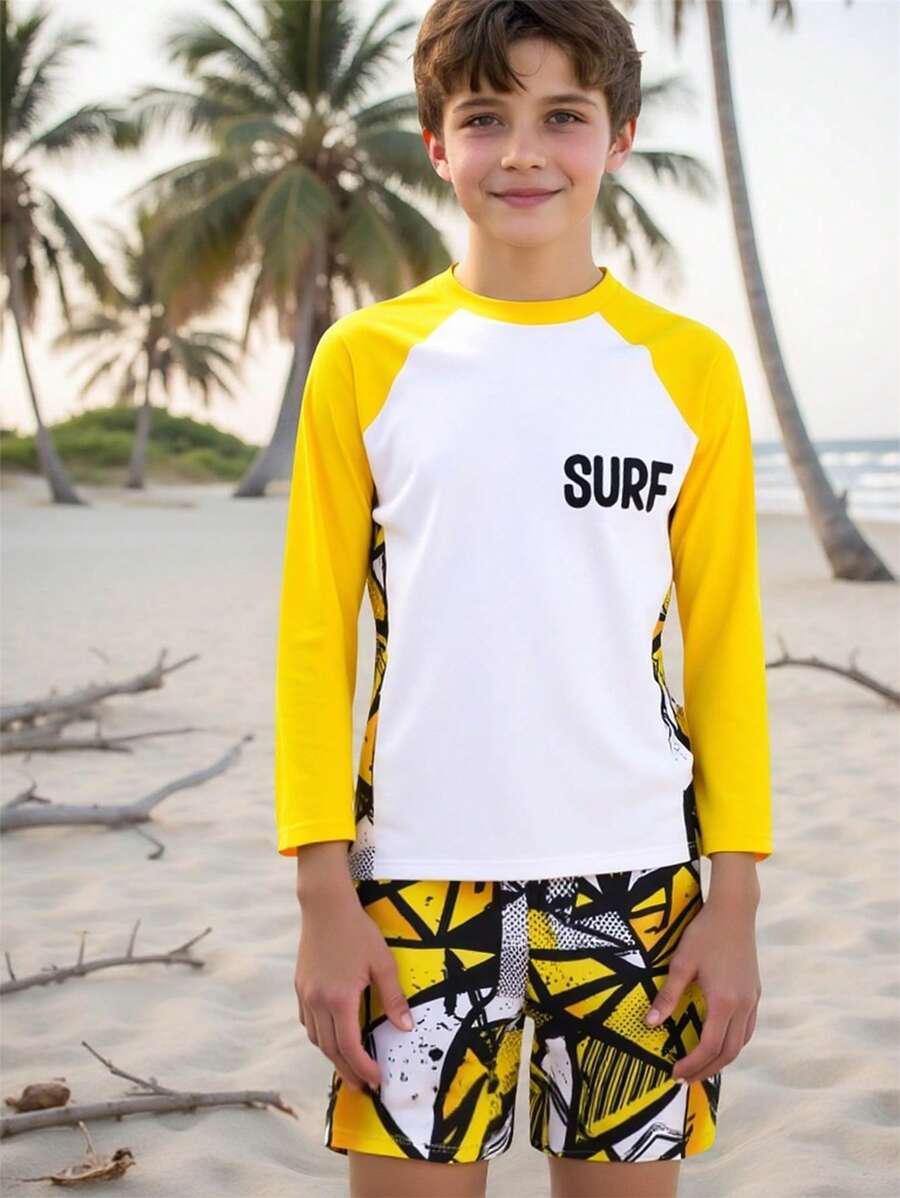 Bộ đồ bơi dài tay họa tiết hình học khối màu cho bé trai tuổi mới lớn - Nhiều màu - Xem 1