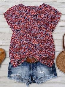 SHEIN LUNE Plus Size Summer Ditsy Floral Round Neck Ruffle Sleeve Vacation Shirt - Red Violet - View 2