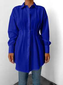 EURMUSE Cotton Drop Shoulder Fold Pleated Curved Hem Shirt - Blue - View 5