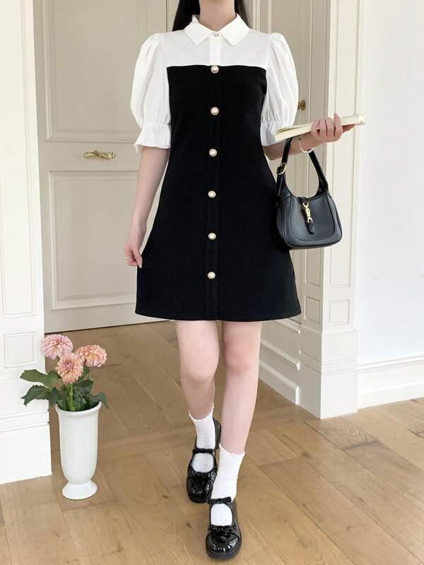 SHEIN TEENGIRL Elegant & Sweet A-Line Dress With Colorblock Puff Sleeves, Waist Cinching, Mini Length, Simple & Chic