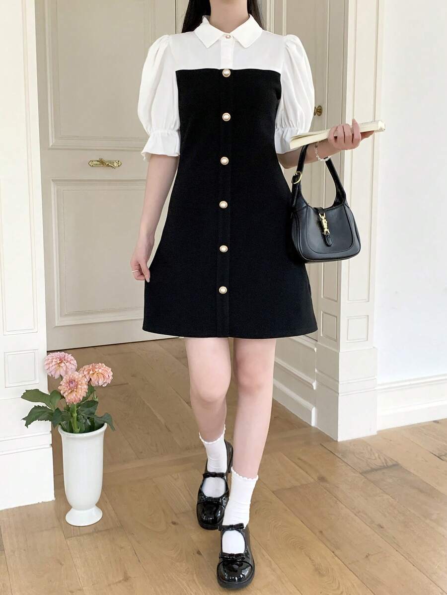 SHEIN TEENGIRL Elegant & Sweet A-Line Dress With Colorblock Puff Sleeves, Waist Cinching, Mini Length, Simple & Chic