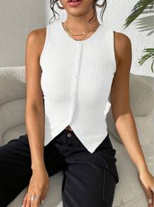 SHEIN PETITE Women Fashion Ribbed Knit Sleeveless Top With Split Hem, Petite Fit Bodycon Round Neck Tank Top - White - View 3
