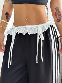 Coolane Women's Summer  Black To School Cute Y2K Party Lace Bow Mid Rise Straight Black Pants - Black - View 2