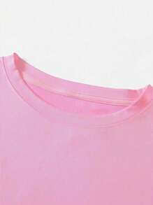 SHEIN LUNE Letter Print Short Sleeve Plus Size T-Shirt, Cute Shirt For Teachers In Summer Graphic Tees Women Tops - Baby Pink - View 3