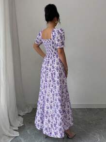 Rafferiza Women's Elegant Floral Print Square Neck A-Line Dress With Ruffled Trim & Sleeves, Short Style, Suitable For Spring, Summer, Autumn - Mauve Purple - View 2