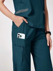 TaskEZ Color Block V-Neck Short Sleeve Top And Pants Scrub Uniform Set - Teal Blue - View 6