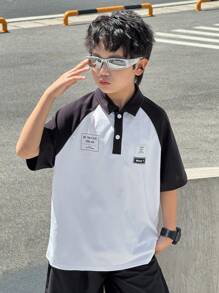 SHEIN 青少年男孩休闲运动学院文艺风复古日韩宽松白色撞色插肩袖POLO衫适合返校节适合生日派对、晚会、演出、婚礼、洗礼、开幕式日常适合日常穿着适合上学适合旅行适合运动适合春夏季节 - 白色 - 查看 6