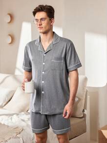 Provexi 2pcs Men's Contrast Color Trim Button Front Short Sleeve Top And Shorts Loungewear Set - Dark Grey - View 4