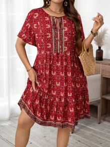 SHEIN LUNE Váy mùa hè tay ngắn cổ buộc in họa tiết cỡ lớn - Đỏ - Xem 6