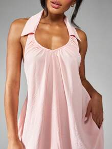 MISSGUIDED Summer Halter Neck Backless Swing Dress Linen Feel Textured Gathered Neckline Beach Resort Vacation Holiday Mini A Line Sundress With Pockets - Pink - View 5