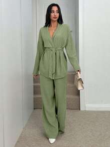 SHEIN Tall Two Pieces With Belt Details, Cozy Sets, Easy To Wear At Home And Outdoor - Mint Green - View 4