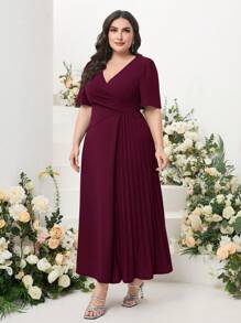 Modelyn 加大码斜领褶饰连衣裙加大码优雅连衣裙粉色加大码连衣裙长款晚礼服 - 中紫紅色 - 查看 3
