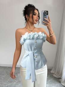 Chiquease Elegantes Damen Bandeau Top mit Blumenmuster und Bindedetail - Blau - Übersicht 3