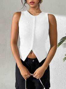 SHEIN PETITE Women Fashion Ribbed Knit Sleeveless Top With Split Hem, Petite Fit Bodycon Round Neck Tank Top - White - View 4