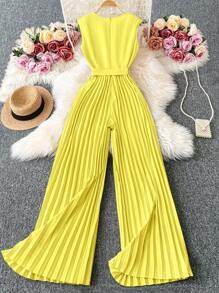 Elenzga Women's Solid Color Waist Belt Wide Leg Jumpsuit With Shoulder Pads, Elegant Casual Everyday & Vacation Wear, Sleeveless - Yellow - View 2
