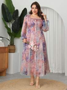Modelyn Abito maxi elegante e romantico, con stampa tie-dye, maniche a palloncino in chiffon, con volant sul fondo, per taglie comode, per primavera/estate