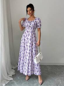 Rafferiza Women's Elegant Floral Print Square Neck A-Line Dress With Ruffled Trim & Sleeves, Short Style, Suitable For Spring, Summer, Autumn - Mauve Purple - View 3