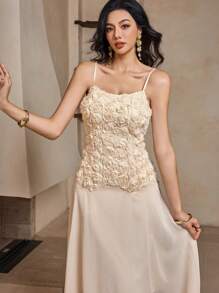 DAZY Elegant Sleeveless Round Neck Patchwork Midi Dress For Women, Summer,Formal Women Dresses - Beige - View 5