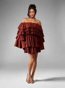 MISSGUIDED Vestido de patinadora mini con mangas largas de hombros descubiertos y volantes en capas para invitada de boda, ocasiones especiales, otoño, invierno, declaración, fiesta, vacaciones - Marrón - Ver 3