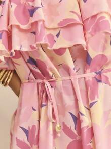 Aralina Curve Floral Ruffle Layer Off The Shoulder Tie Waist Flowy Mini Dress Summer Vacation Beach Outfits Woman Dress - Hot Pink - View 3