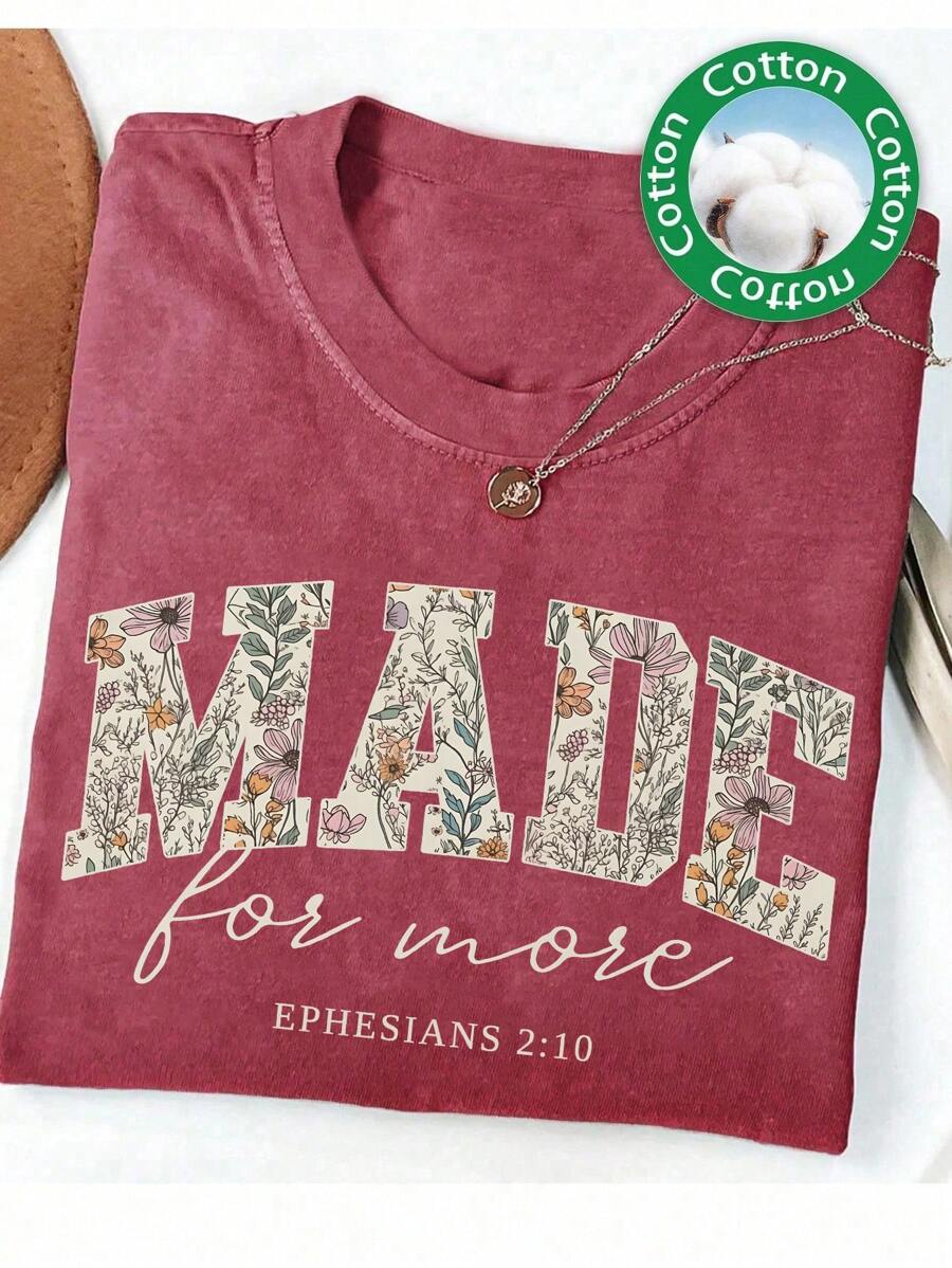 INAWLY Letter Print Casual Round Neck Short Sleeve T-Shirt, Summer - Redwood - View 1