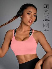 SHEIN Sports 性感交叉后背字母印花吊带文胸，带可调节肩带，运动文胸 - 粉色 - 查看 6