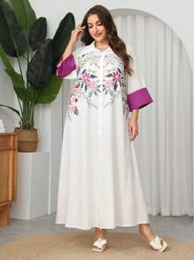 Al Najma Plus Size Women's Floral Print Polo Collar Loose Elegant Casual Arabic Style Dress, Spring/Summer, Modest - Multicolor - View 3